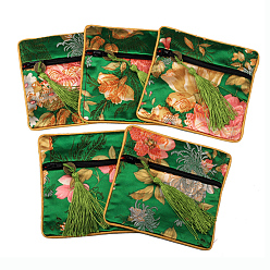 Green Retro Square Cloth Zipper Pouches, with Tassel and  Flower Pattern, Green, 11.5x11.5cm