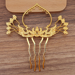 Golden Phoenix Alloy Hair Comb Findings, with Iron Comb and Loop, Round Bead Settings, Golden, 100x59mm, Fit for 2mm & 5mm Beads
