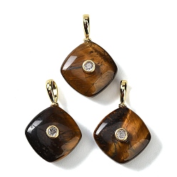 Tiger Eye Natural Tiger Eye Pendants, with Golden Brass Micro Pave Clear Cubic Zirconia Findings, Rhombus Charm, 30~30.5x20.5~21x9~10mm, Hole: 5.5~6x4mm
