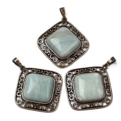 Flower Amazonite Подвески в виде ромбов из натурального цветка амазонита, с винтажной латунной рамкой красного медного оттенка, 39x36.5x7~8 мм, отверстие : 8.5x5 мм