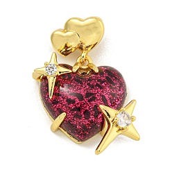 Средний Фиолетово-красный Стойки обшивки латунь кубического циркония подвески, cmолой, долговечный, без свинца и без кадмия, сердце, реальный 18 k позолоченный, средне фиолетовый красный, 34x26x10 мм, отверстие : 3x4 мм