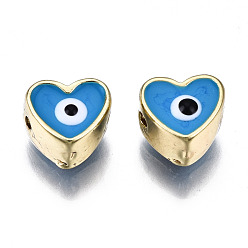 Dodger Blue Alloy Enamel Beads, Cadmium Free & Lead Free, Light Gold, Heart with Eye, Dodger Blue, 7.5x8x5mm, Hole: 1.4mm