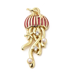 Светло-Вишневый Латунь эмаль подвески, с пластмассовой жемчужиной abs, с прыжковых колец, стойки покрытие, медуза, реальный 18 k позолоченный, светло-вишневый, 27x10.5x3 мм