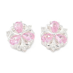 Pink Латунные микропаве кубический цирконий многожильные звенья, цветок, 925 серебро покрытием, розовые, 13.5x13x7 мм, отверстие : 1.8 мм