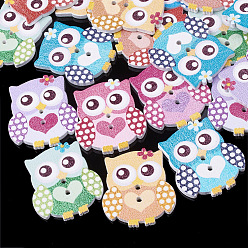 Mixed Color 2-Hole Printed Wooden Buttons, Lead Free, Dyed, Owl, Mixed Color, 30x26x2.5mm, Hole: 2mm