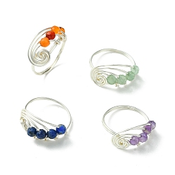 Silver 4Pcs 4 Style Natural Mixed Gemstone Round Beaded Finger Rings, Copper Wire Wrapped Vortex Ring, Silver, US Size 8 1/2(18.5mm), 1Pc/style
