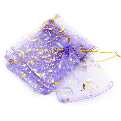 Lilac Hot Stamping Rectangle Organza Drawstring Gift Bags, Storage Bags with Moon and Star Print, Lilac, 9x7cm
