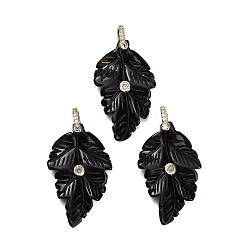 Obsidian Natural Obsidian Pendants, Leaf Charms, with Brass Pave Cubic Zirconia Findings, Golden, 39~40x24.5~26x5.5~7mm, Hole: 5.5x7mm