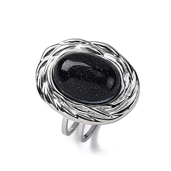 Синий Драгоценный Камень Овальные кольца из синтетического синего золота, 304 из нержавеющей стали Манжета кольца для женщин, цвет нержавеющей стали, овальный : 22x17.5 mm, регулируемый