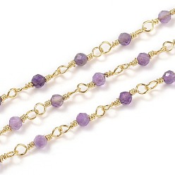 Amethyst Natural Amethyst Handmade Beaded Chains, with Brass Findings, Golden, Unwelded, Round, Faceted, with Spool, 12x1~1.25mm, Bead: 2.5mm, about 32.8 Feet(10m)/roll