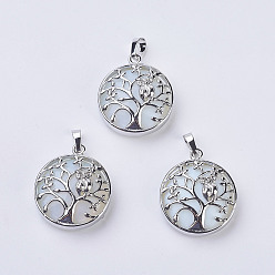 Opalite Opalite Pendants, with Brass Findings, Flat Round with Tree of Life, Platinum, 31~32x27x8~9mm, Hole: 5x7mm