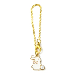 Pink Alloy Enamel Rabbit Cup Pendant Decorations, with Brass Flat Oval Cable Chains, Pink, 130mm