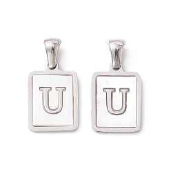 Letter U 304 Stainless Steel Pave Shell Pendants, Rectangle Charm, Stainless Steel Color, Letter U, 17.5x12x1.5mm, Hole: 3x5mm