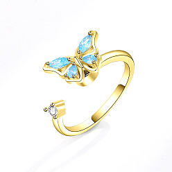 Aquamarine Adjustable Opening Brass Rhinestone Ring, Cuff Rings Rotating Ring, Butterfly for Women, Golden, Aquamarine, 8mm