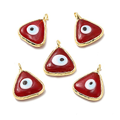 FireBrick Handmade Lampwork Pendants, with Eco-friendly Light Gold Brass Findings, Long-Lasting Plated, Cadmium Free & Lead Free, Triangle with Evil Eye Charm, FireBrick, 16x13.5x4~4.5mm, Hole: 2mm