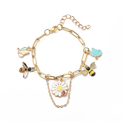 Colorful Alloy Enamel Flower & Bee & Butterfly Charm Bracelet with Paperclip Chains, Gold Plated 304 Stainless Steel Jewelry for Women, Colorful, 6-7/8 inch(17.6cm)
