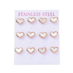 Rose Gold PVD Vacuum Plating Heart 304 Stainless Steel Shell Stud Earrings, with Ear Nut, Rose Gold, 9x11mm, Pin: 0.8mm, 6 pairs/card