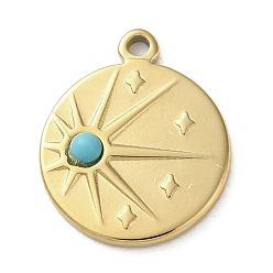 Синтетическая Бирюза Вакуумное покрытие pvd 316 подвески из нержавеющей стали, с синтетическими бирюзовый, плоско-круглые, реальный 18 k позолоченный, 21.5x17.5x3.5 мм, отверстие : 1.8 мм