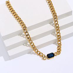 Prussian Blue Cubic Zirconia Rectangle Pendant Necklace, with Golden Stainless Steel Cuban Link Chains, Prussian Blue, 18.90 inch(48cm)
