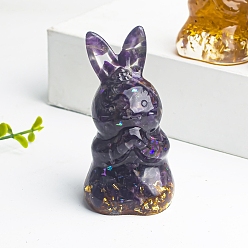 Amethyst Resin Rabbit Display Decoration, with Gold Foil Natural Amethyst Chips inside Statues for Home Office Decorations, 40x40x73mm