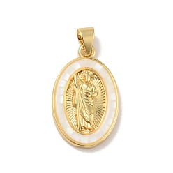 White Brass Charms, with Shell, Cadmium Free & Lead Free, Long-Lasting Plated, Oval with Virgin Mary, Real 18K Gold Plated, White, 22.5x14x3.5mm, Hole: 3.5x3mm