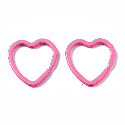 Hot Pink Spray Painted Iron Split Key Rings, Keychain Clasp Findings, Heart, Hot Pink, 31x30.5x3mm, Inner Diameter: 23x25mm