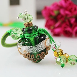 Green Lampwork Heart Perfume Bottle Pendant Necklace with Braided Rope, Essential Oil Vial Necklace with Bead Tassel Charm for Women, Green, 17.72~25.59 inch(45~65cm)