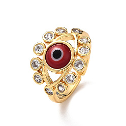 Red Lampwork Evil Eye Open Cuff Ring with Clear Cubic Zirconia, Real 18K Gold Plated Brass Jewelry for Women, Red, Inner Diameter: 18mm
