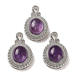 Amethyst Natural Amethyst Pendants, Oval Charms with Rack Plating Platinum Tone Brass Findings, Cadmium Free & Lead Free, 28x17.5x10mm, Hole: 3x4.5mm