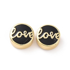 Black Brass Enamel Beads, Cadmium Free & Lead Free, Long-Lasting Plated, Real 18K Gold Plated, Flat Round with Word Love, Black, 12x5.5mm, Hole: 2.5mm
