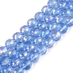 Cornflower Blue Transparent Glass Beads Strands, Round, Faceted(96 Facets), AB Color Plated, Cornflower Blue, 8mm, Hole: 1~1.2mm, about 67~71pcs/strand, 19.29~20.87 inch(49~53cm)