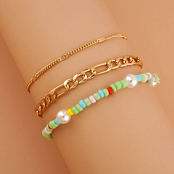 0107 green Elastic Beaded Bracelet Set with Fine Chains and Pearls (3 Pieces) for Women
