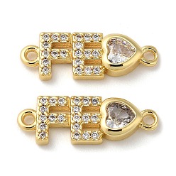 Real 18K Gold Plated Rack Plating Brass Pave Clear Cubic Zirconia Connector Charms, Long-Lasting Plated, Lead Free & Cadmium Free, Letter FE Heart Links, Real 18K Gold Plated, 6.5x18.5x3mm, Hole: 1.2mm