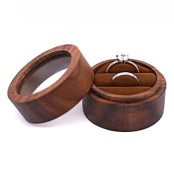 Saddle Brown Round Wood Couple Ring Storage Boxes, Wooden Wedding Ring Gift Case with Velvet Inside and Visible Window, for Wedding, Valentine's Day, Saddle Brown, 50x35mm