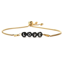 Black Acrylic Word Beaded Link Slider Bracelet, with Golden 304 Stainless Steel Box Chains, Black, 16-1/2 inch(42cm)