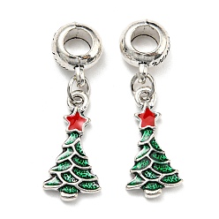 Green Rack Plating Brass Enamel European Dangle Charms, Christmas Tree Large Hole Pendant, Lead Free & Cadmium Free, Long-Lasting Plated, Antique Silver, Green, 33mm, Tree: 20x10x2mm, Hole: 5mm