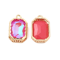 Indian Pink K9 Glass Pendants, with Light Gold Brass Finding, Rectangle Charms, Indian Pink, 19x12x5mm, Hole: 1.8mm