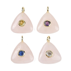 Розовый Кварц Природного розового кварца подвески, треугольные подвески с латунной микропаве с кубическими цирконами разных цветов, золотые, 26x21x6.5 мм, отверстие : 3x2 мм