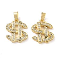 Real 18K Gold Plated Brass Micro Pave Clear Cubic Zirconia Pendants, Dollar Sign Charms, Real 18K Gold Plated, 16x14x2.5mm, Hole: 5x3mm