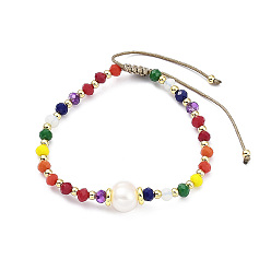 Coloré Bracelet réglable en perles naturelles et verre et laiton tressé pour femme, colorées, diamètre intérieur: 2~3 pouce (5~7.8 cm)