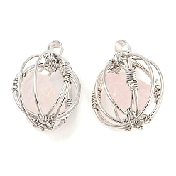 Rose Quartz Natural Rose Quartz Pendants, Ball Charms with Rack Plating Platinum Plated Brass Findings, Lead Free & Cadmium Free, 32.5~33.5x28.5~30.5x24~26.5mm, Hole: 8.5x5mm