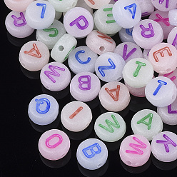 Letter Luminous Acrylic Beads, Horizontal Hole, Random Mixed Letters, Flat Round with Letter, Mixed Color, 7x3.5~4mm, Hole: 1.2mm, about 3700pcs/500g