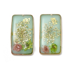 Pale Green Plating Brass & Transparent Epoxy Resin & Dried Flower Pendants, Rectangle with Flower & Butterfly Pattern Charm, with Glitter Powder, Pale Green, 32x17x5mm, Hole: 0.9mm
