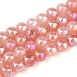 Светло-Коралловый Антикоррозийные гальванические стеклянные бусины, круглые, имитация нефрита, градиент цвета, граненые, свет коралловый, 7.5~8 мм, отверстие : 1.2~1.5 мм, около 52~53 шт / нитка, 14.96~15.16 дюйм (38~38.5 см)