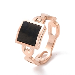 Rose Gold Black Acrylic Square Finger Ring, Ion Plating(IP) 304 Stainless Steel Jewelry for Women, Rose Gold, US Size 6~9(16.5~18.9mm)