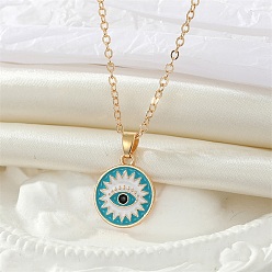 Dark Turquoise Alloy Enamel Flat Round with Evil Eye Pendant Necklace, Golden Iron Jewelry for Women, Dark Turquoise, 19.69 inch(50cm)
