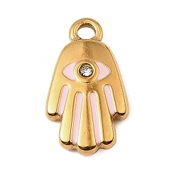 Pink 304 нержавеющей стальной эмали подвески, рука хамса с оберегами от сглаза, со стразами, золотые, розовые, 16.5x9x2.5 мм, отверстие : 1.6 мм