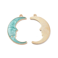 Pale Turquoise Alloy Enamel Pendants, Crescent Moon with Face Charm, Golden, Pale Turquoise, 32x19.5x1.5mm, Hole: 1.4mm
