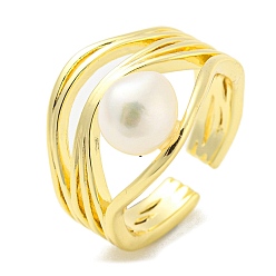 Real 14K Gold Plated Natural Pearl Open Cuff Ring, Brass Hollow Finger Ring, Real 14K Gold Plated, US Size 7(17.3mm)