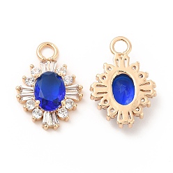 Sapphire K9 Glass Pendants, with Light Gold Brass Finding, Oval Flower Charms, Sapphire, 18x13x4mm, Hole: 2.2mm